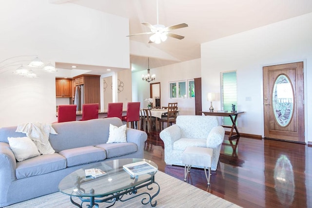 75-795 Hiona St, Kailua-Kona, HI 96740 - living room featuring a chandelier, dark wood-type flooring, high vaulted ceiling, and a ceiling fan