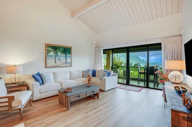 5380 Honoiki Rd Unit J33, Princeville, HI 96722 - living area with wood finished floors, high vaulted ceiling, and a wood ceiling with exposed beams