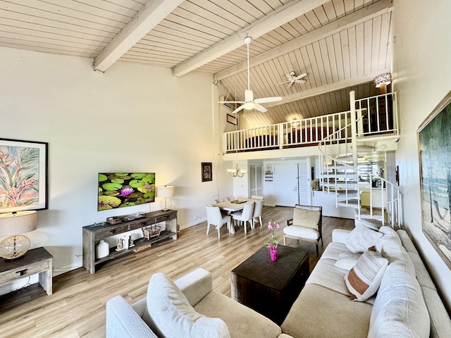 5380 Honoiki Rd Unit J33, Princeville, HI 96722 - living room featuring high vaulted ceiling, ceiling fan, wood finished floors, beamed ceiling, and stairs