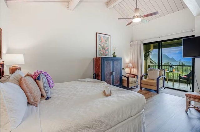 5380 Honoiki Rd Unit J33, Princeville, HI 96722 - bedroom featuring access to outside, wood finished floors, and ceiling fan