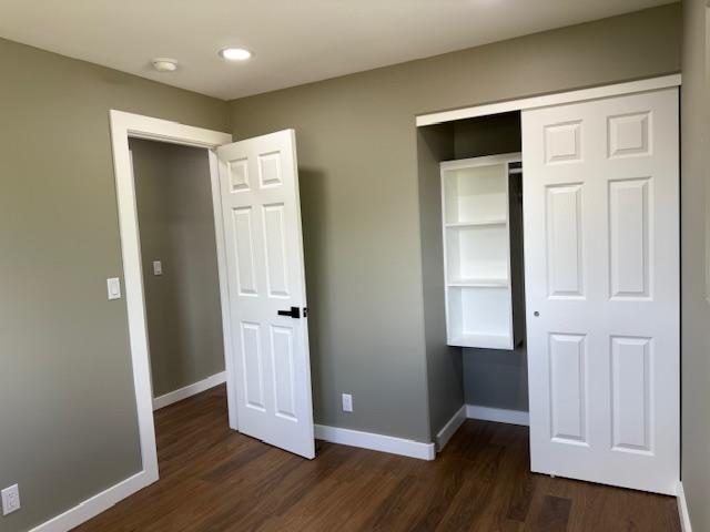144 Chong St, Hilo, HI 96720 - unfurnished bedroom with dark wood-style flooring, a closet, and recessed lighting