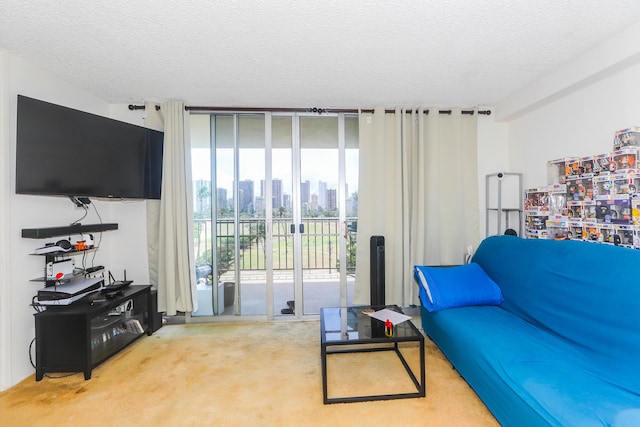 2916 Date St Unit 6F, Honolulu, HI 96816 - carpeted living room featuring expansive windows and a textured ceiling