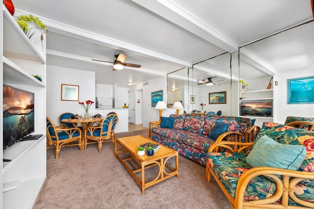 75-5870 Kahakai Rd Unit 308, Kailua-Kona, HI 96740 - carpeted living room featuring a ceiling fan and beam ceiling