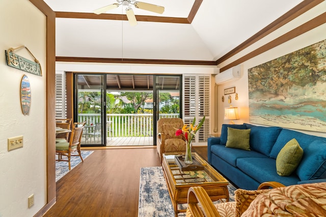 2253 Poipu Rd Unit 42, Koloa, HI 96756 - living room with ceiling fan, a wall unit AC, lofted ceiling, and wood finished floors