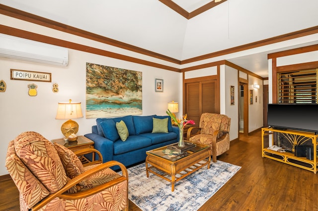 2253 Poipu Rd Unit 42, Koloa, HI 96756 - living room featuring a wall mounted AC, wood finished floors, and a high ceiling