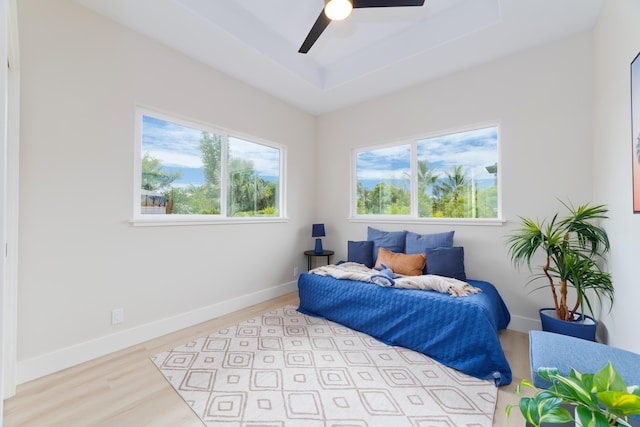 15-1955 Beach Rd, Keaau, HI 96749 - bedroom with light wood-type flooring, multiple windows, a tray ceiling, and ceiling fan