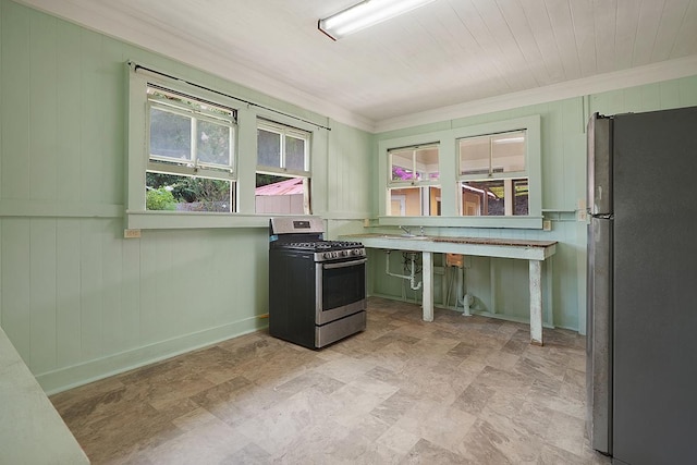 4556 Hauaala Rd, Kapaa, HI 96746 - kitchen with stainless steel appliances, crown molding, green cabinetry, wood walls, and stone finish flooring