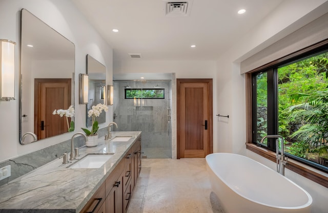 76-718-A Hualalai Rd, Kailua-Kona, HI 96740 - bathroom featuring double vanity, a stall shower, a soaking tub, and recessed lighting