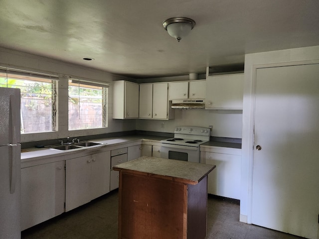 15-1724 22nd Ave, Keaau, HI 96749 - kitchen with white appliances, under cabinet range hood, white cabinets, a center island, and dark flooring