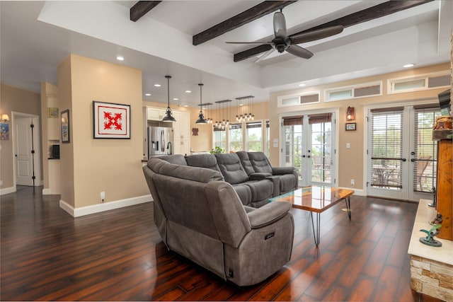 71-1861 Puu Lani Loop, Kailua-Kona, HI 96740 - living room featuring french doors, dark wood finished floors, a ceiling fan, recessed lighting, and beamed ceiling