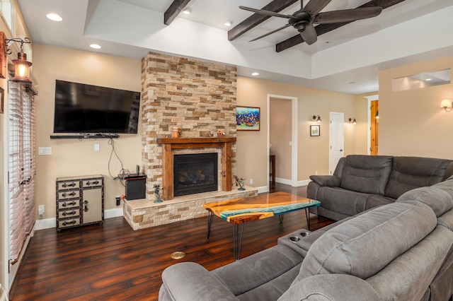 71-1861 Puu Lani Loop, Kailua-Kona, HI 96740 - living room featuring ceiling fan, dark wood-type flooring, a stone fireplace, recessed lighting, and beam ceiling