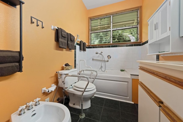 1436 Maikalani St, Hilo, HI 96720 - full bathroom with a bidet, a garden tub, tile patterned flooring, vanity, and backsplash
