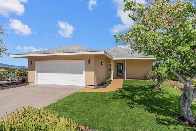 68-3543 Aaka Pl, Waikoloa, HI 96738 - single story home with stucco siding, a garage, driveway, a front lawn, and roof with shingles