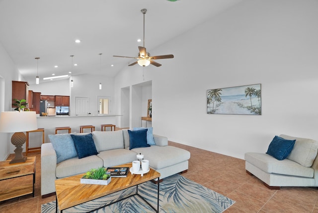 68-3543 Aaka Pl, Waikoloa, HI 96738 - living room featuring recessed lighting, a ceiling fan, high vaulted ceiling, and light tile patterned flooring