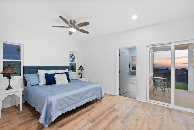 68-3543 Aaka Pl, Waikoloa, HI 96738 - bedroom featuring access to outside, wood finished floors, ensuite bath, a ceiling fan, and recessed lighting