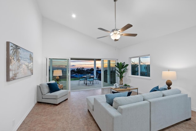 68-3543 Aaka Pl, Waikoloa, HI 96738 - living room featuring a ceiling fan and high vaulted ceiling