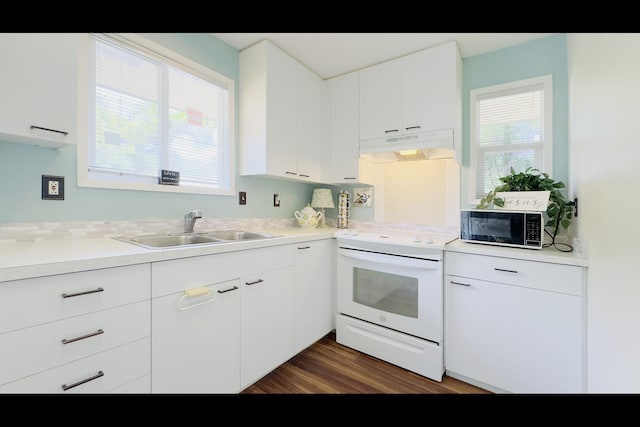 15-2811 Manalo St, Pahoa, HI 96778 - kitchen with white range with electric stovetop, under cabinet range hood, light countertops, white cabinets, and dark wood finished floors