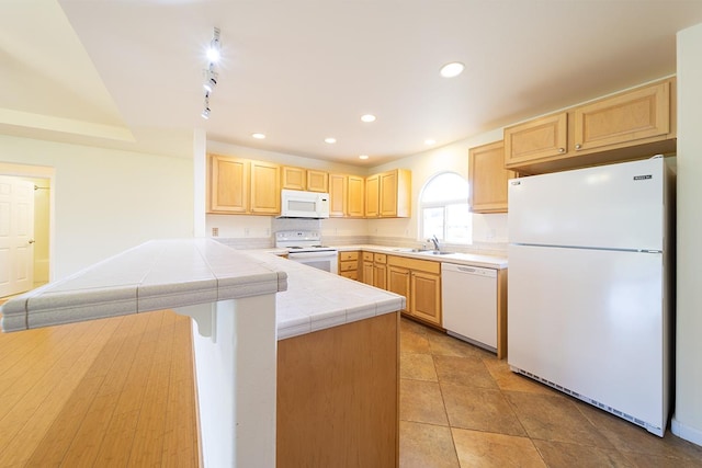 321 Noelani Loop, Hilo, HI 96720 - kitchen featuring white appliances, light brown cabinets, tile counters, a peninsula, and recessed lighting