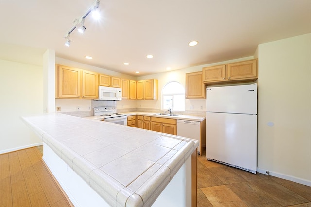 321 Noelani Loop, Hilo, HI 96720 - kitchen featuring white appliances, light brown cabinets, tile countertops, a peninsula, and recessed lighting