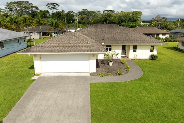 321 Noelani Loop, Hilo, HI 96720 - ranch-style house with a shingled roof, a front lawn, driveway, and an attached garage