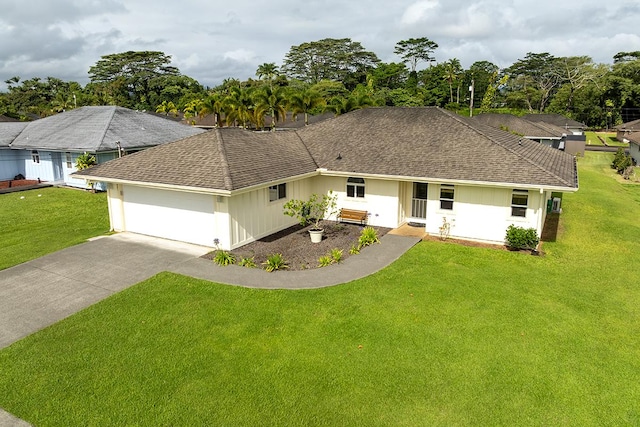 321 Noelani Loop, Hilo, HI 96720 - single story home with concrete driveway, a front yard, a garage, and a shingled roof