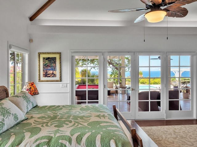 59-380 Olomana Rd, Kamuela, HI 96743 - bedroom with access to exterior, beamed ceiling, wood finished floors, and a ceiling fan