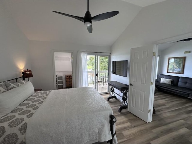 68-3883 Lua Kula St Unit 707, Waikoloa, HI 96738 - bedroom featuring access to exterior, wood finished floors, high vaulted ceiling, and a ceiling fan