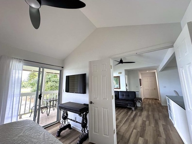 68-3883 Lua Kula St Unit 707, Waikoloa, HI 96738 - bedroom with access to exterior, wood finished floors, high vaulted ceiling, and a ceiling fan