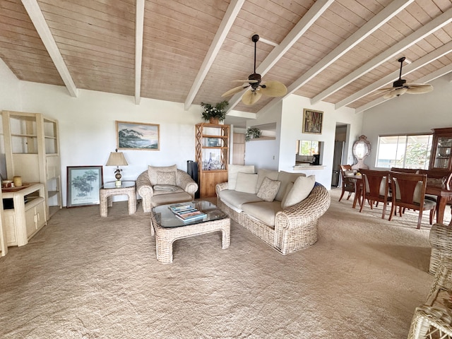 73-1259 Melomelo St, Kailua-Kona, HI 96740 - living room with a wooden ceiling with exposed beams, a ceiling fan, light colored carpet, and high vaulted ceiling
