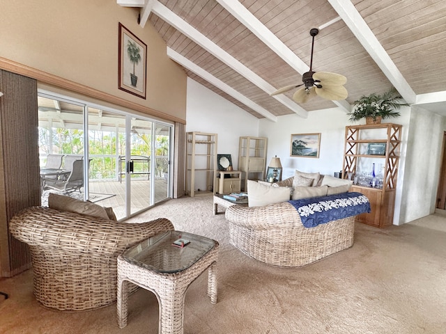 73-1259 Melomelo St, Kailua-Kona, HI 96740 - living room featuring carpet, ceiling fan, high vaulted ceiling, and a wood ceiling with exposed beams