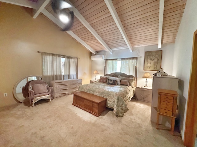 73-1259 Melomelo St, Kailua-Kona, HI 96740 - bedroom featuring carpet flooring, a wood ceiling with exposed beams, an AC wall unit, and high vaulted ceiling