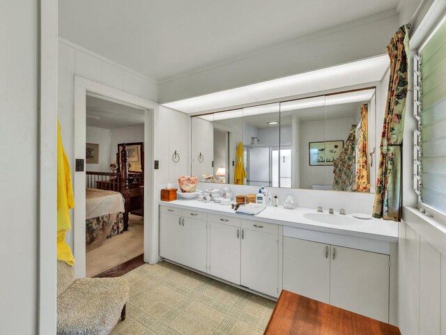 86-4190 Hookena Beach Rd, Captain Cook, HI 96704 - ensuite bathroom featuring double vanity, ornamental molding, and a shower