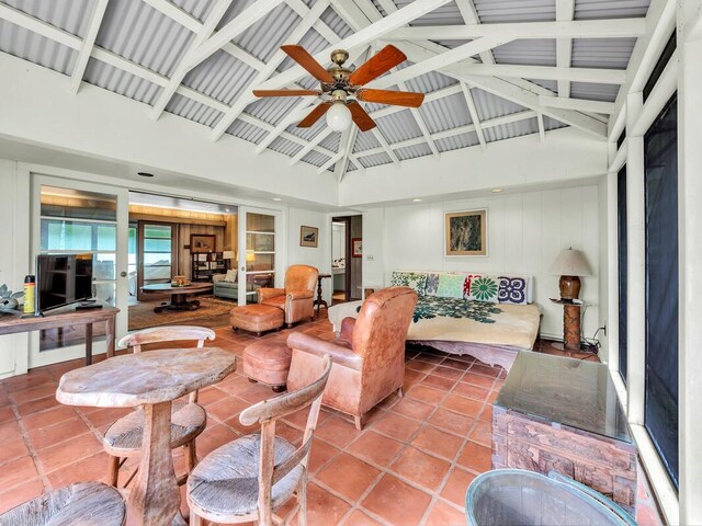 86-4190 Hookena Beach Rd, Captain Cook, HI 96704 - tiled living room with high vaulted ceiling, a ceiling fan, and beamed ceiling