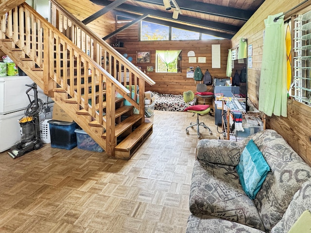 15-1414 18th Ave, Keaau, HI 96749 - living area with wooden walls, wooden ceiling, and stairway
