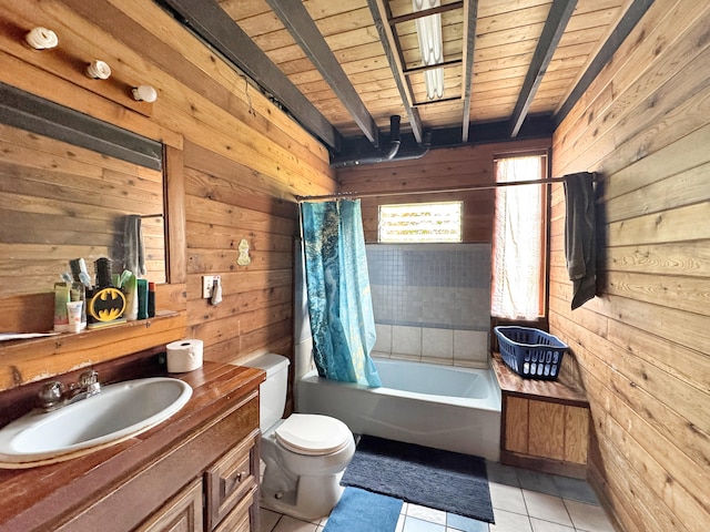 15-1414 18th Ave, Keaau, HI 96749 - bathroom with a wooden ceiling with exposed beams, wood walls, vanity, tile patterned floors, and shower / tub combo