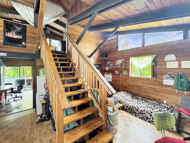 15-1414 18th Ave, Keaau, HI 96749 - stairway featuring wood walls, healthy amount of natural light, and wooden ceiling