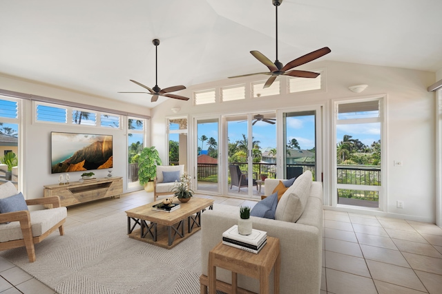 1690 Keleka Rd, Koloa, HI 96756 - living room featuring tile patterned flooring, a ceiling fan, plenty of natural light, and high vaulted ceiling