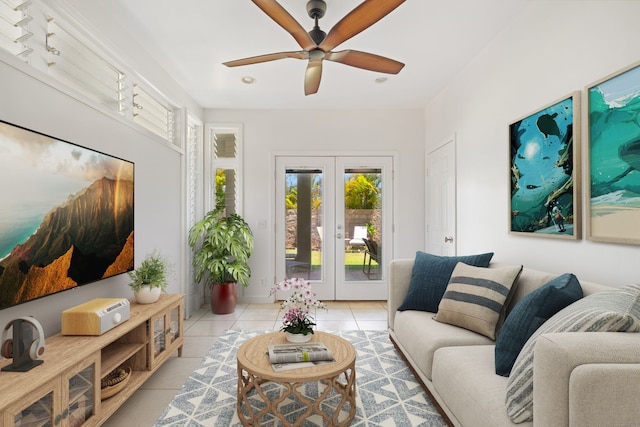 1690 Keleka Rd, Koloa, HI 96756 - living area featuring french doors, light tile patterned floors, and a ceiling fan