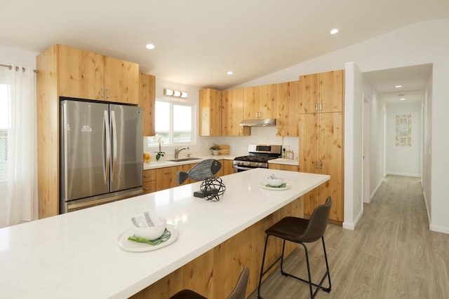 25-228 Hana St, Hilo, HI 96720 - kitchen featuring appliances with stainless steel finishes, under cabinet range hood, a breakfast bar area, vaulted ceiling, and light wood-style flooring