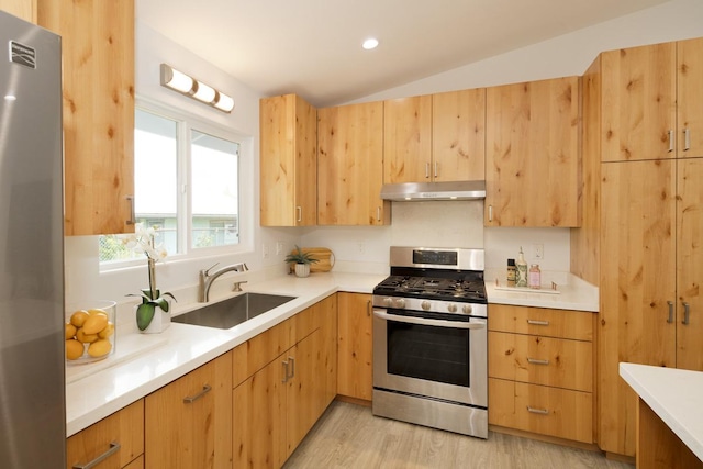25-228 Hana St, Hilo, HI 96720 - kitchen with appliances with stainless steel finishes, under cabinet range hood, light wood finished floors, lofted ceiling, and light countertops