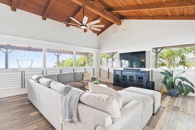 77-6452 Leilani St, Kailua-Kona, HI 96740 - living area featuring a wooden ceiling with exposed beams, ceiling fan, plenty of natural light, high vaulted ceiling, and wood finished floors