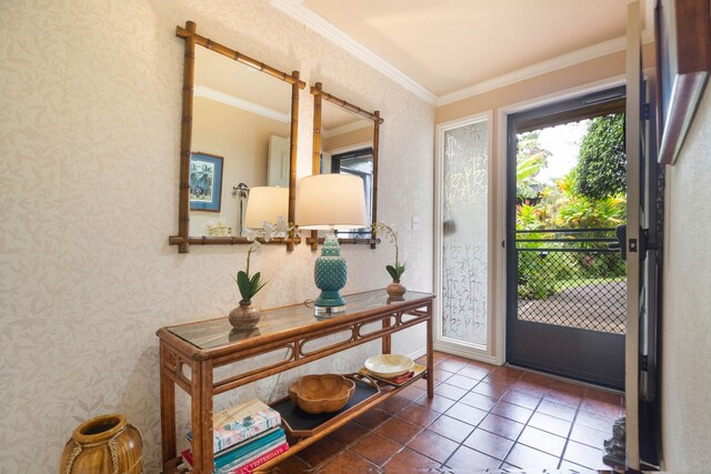 3920 Wyllie Rd Unit 6A, Princeville, HI 96722 - entrance foyer with wallpapered walls, crown molding, tile patterned flooring, and a barn door