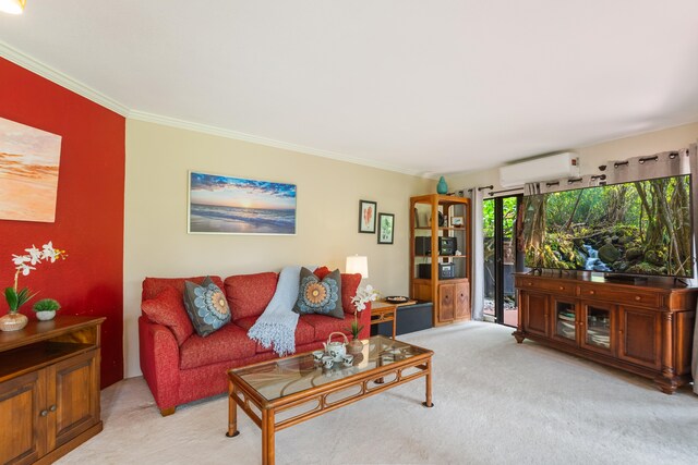 3920 Wyllie Rd Unit 6A, Princeville, HI 96722 - living area with a wall mounted air conditioner, light carpet, and ornamental molding