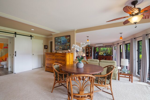 3920 Wyllie Rd Unit 6A, Princeville, HI 96722 - dining room featuring a barn door, crown molding, light carpet, a ceiling fan, and recessed lighting