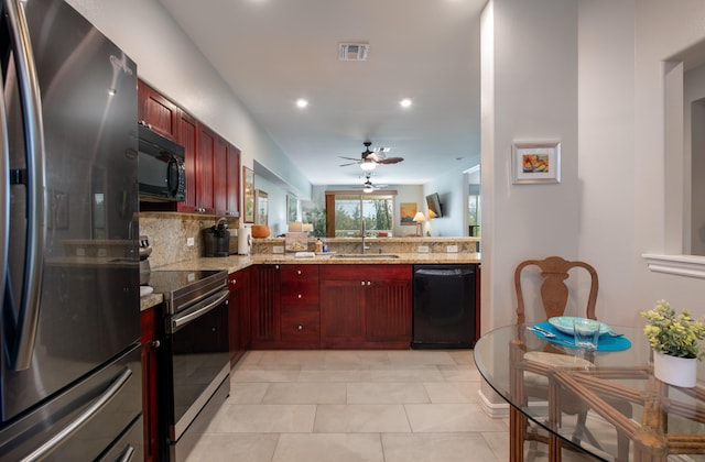69-200 Pohakulana Pl Unit H22, Waikoloa, HI 96738 - kitchen featuring black appliances, dark brown cabinets, decorative backsplash, ceiling fan, and light stone countertops