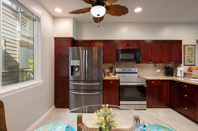 69-200 Pohakulana Pl Unit H22, Waikoloa, HI 96738 - kitchen featuring stainless steel appliances, dark brown cabinets, backsplash, ceiling fan, and light stone countertops