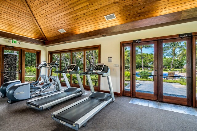 68-1118 N Kaniku Dr Unit 2404, Kamuela, HI 96743 - workout area featuring french doors, carpet, plenty of natural light, lofted ceiling, and wooden ceiling