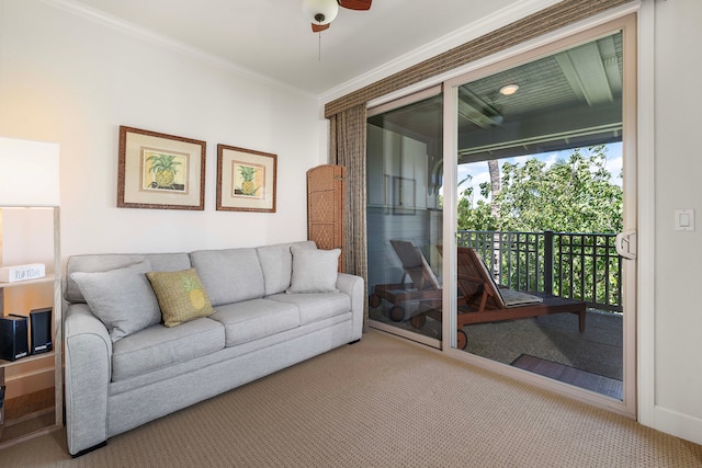68-1118 N Kaniku Dr Unit 2404, Kamuela, HI 96743 - living room featuring carpet flooring, a ceiling fan, and crown molding