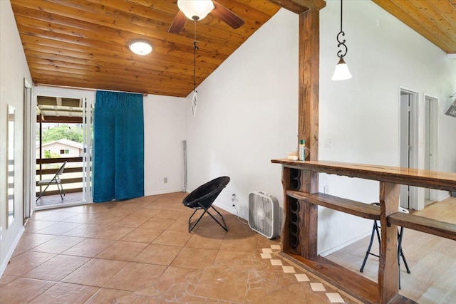 15-2775 Manalo St, Pahoa, HI 96778 - unfurnished room with wooden ceiling, ceiling fan, tile patterned floors, and high vaulted ceiling