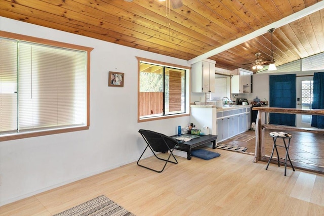15-2775 Manalo St, Pahoa, HI 96778 - kitchen featuring ceiling fan, light countertops, wood ceiling, light wood finished floors, and white cabinets